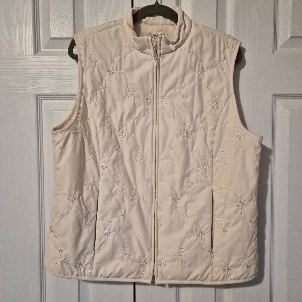 Talbots Ivory Quilted Puffer Vest Floral Embroidered Mock Neck Large‎ Preppy